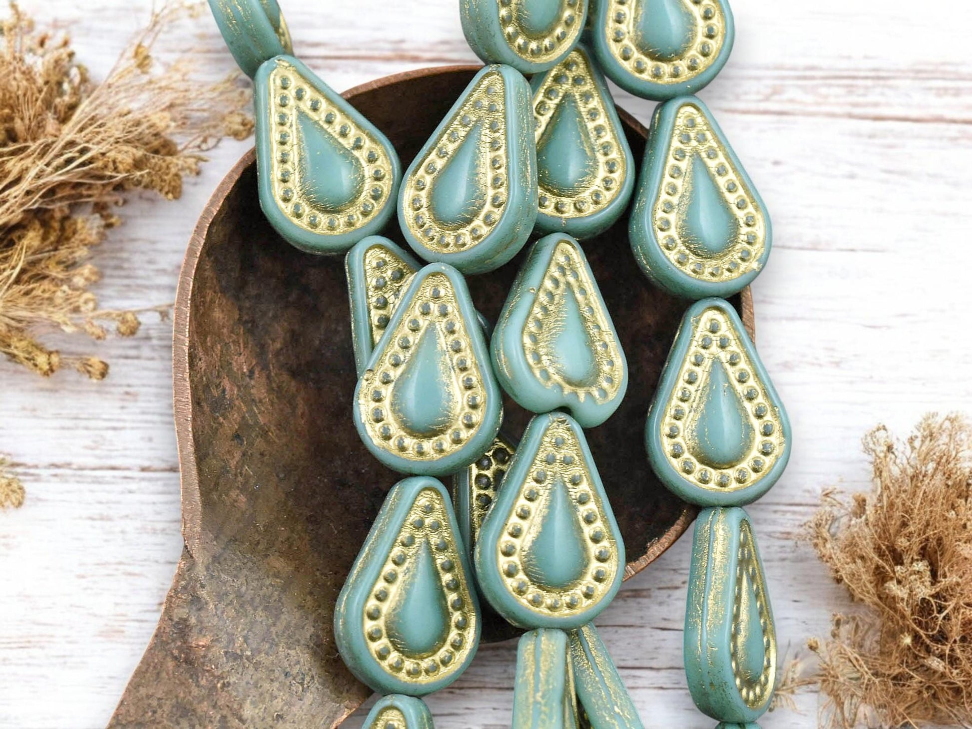 *8* 14x10mm Gold Washed Opaque Turquoise Filigree Tear Drop Beads
