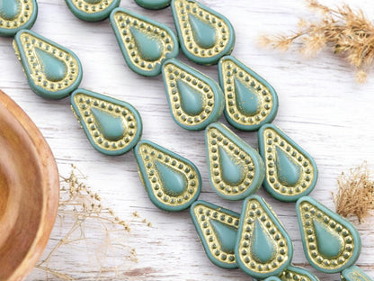 *8* 14x10mm Gold Washed Opaque Turquoise Filigree Tear Drop Beads