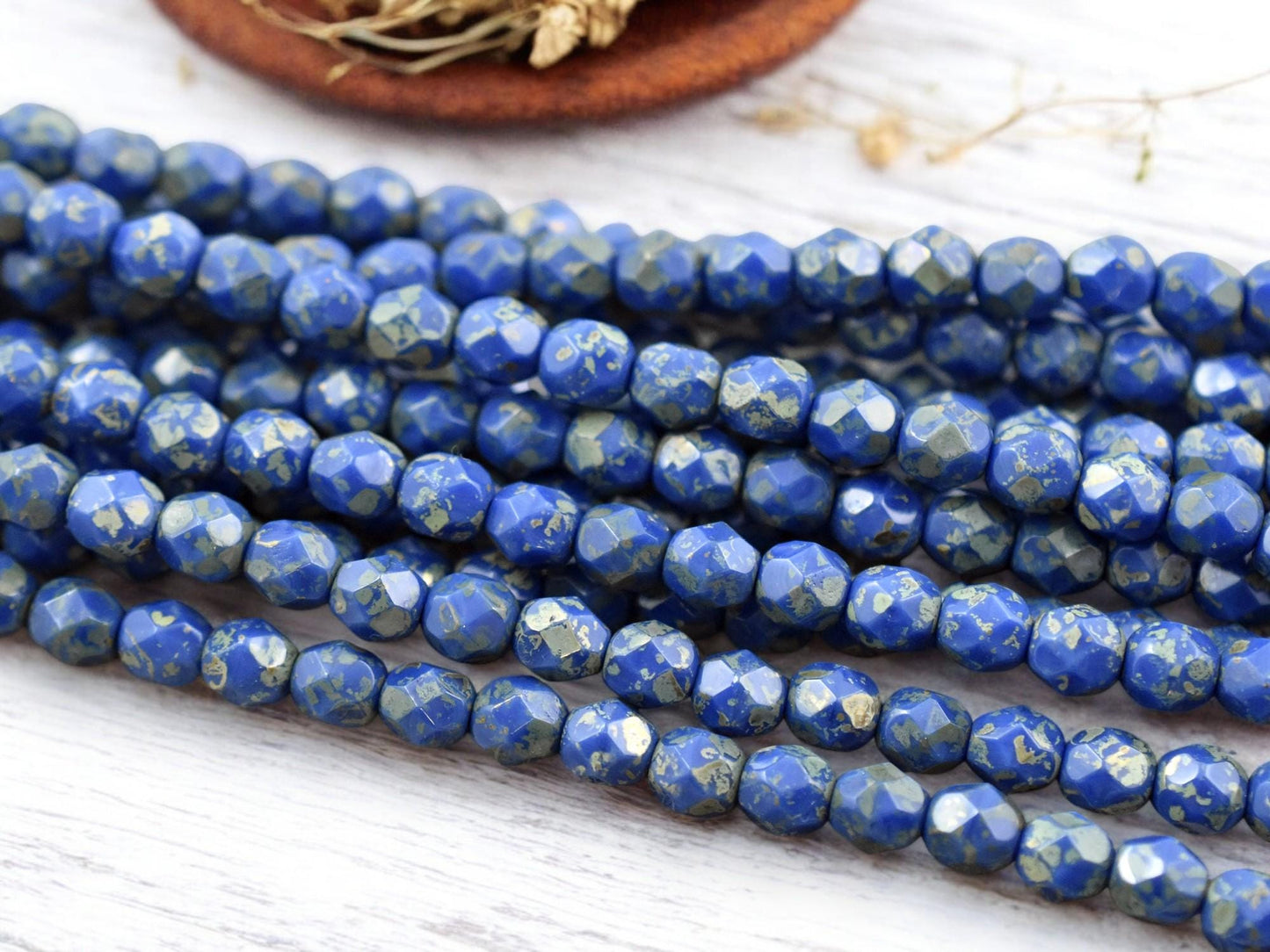 *25* 6mm Azure Blue Silver Picasso Fire Polished Round Beads