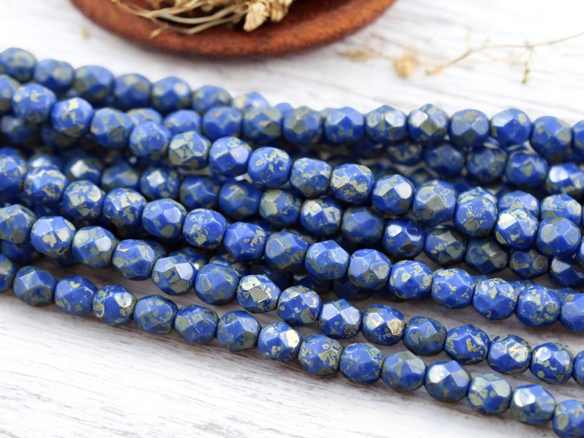 *25* 6mm Azure Blue Silver Picasso Fire Polished Round Beads