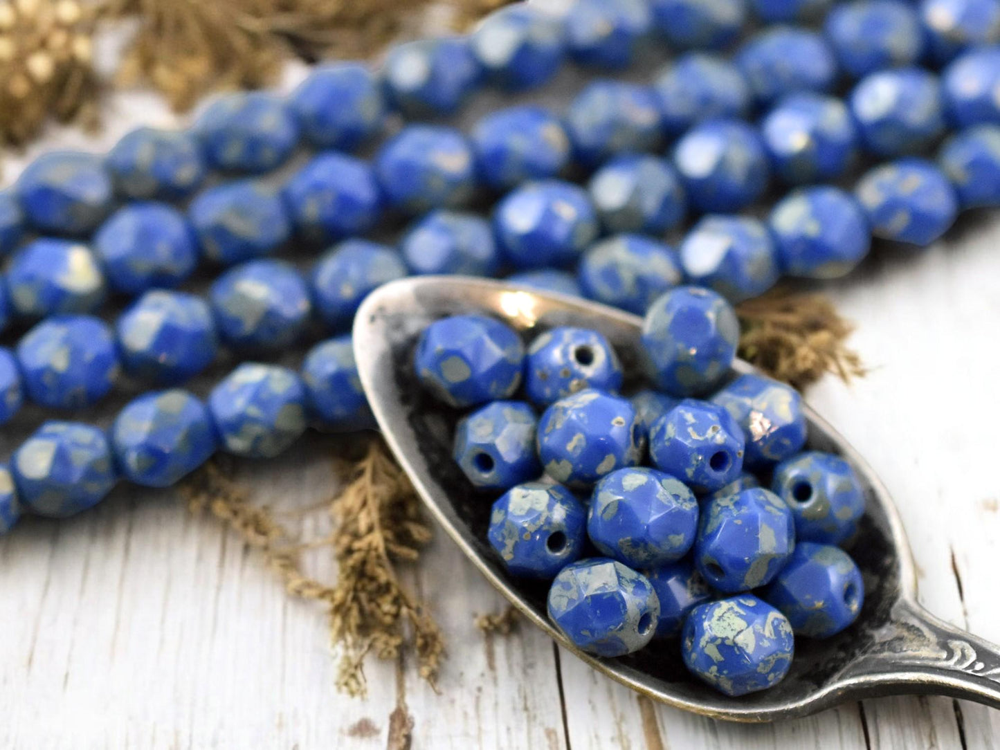 *25* 6mm Azure Blue Silver Picasso Fire Polished Round Beads