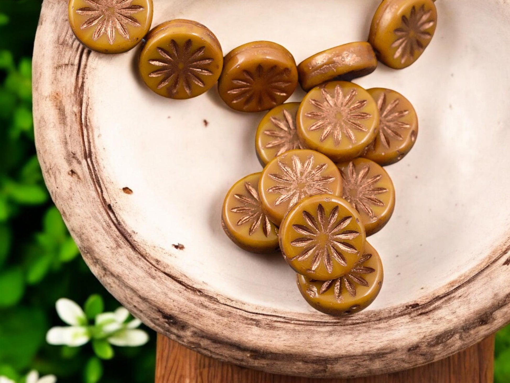 *15* 12mm Copper Washed Opaque Orange Mustard Aster Flower Coin Beads