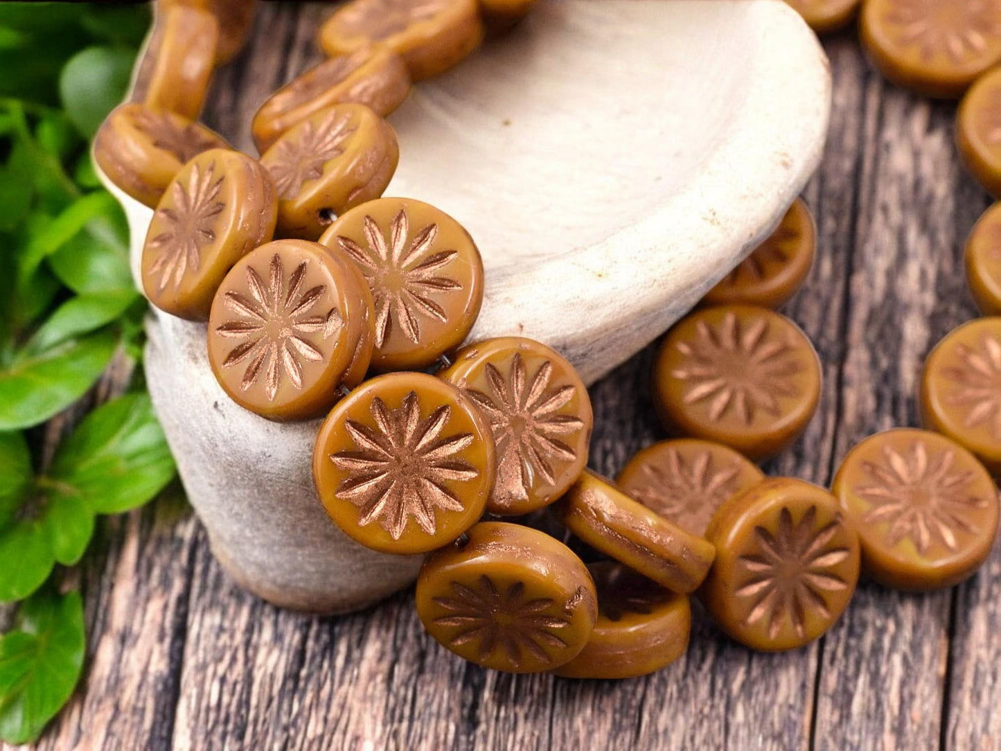 *15* 12mm Copper Washed Opaque Orange Mustard Aster Flower Coin Beads