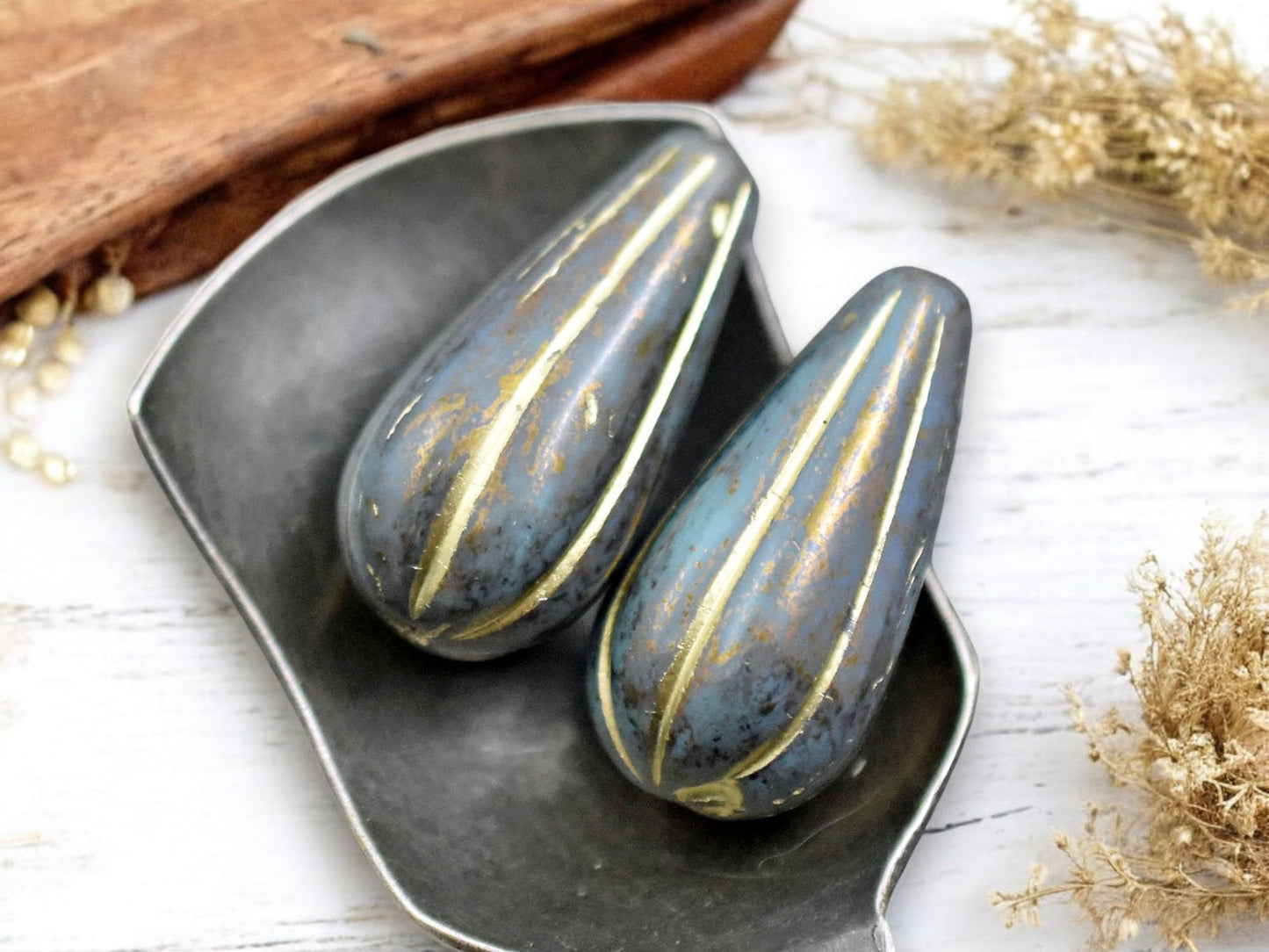 *2* 22x11mm Gold Washed Sea Green Picasso Melon Drop Beads