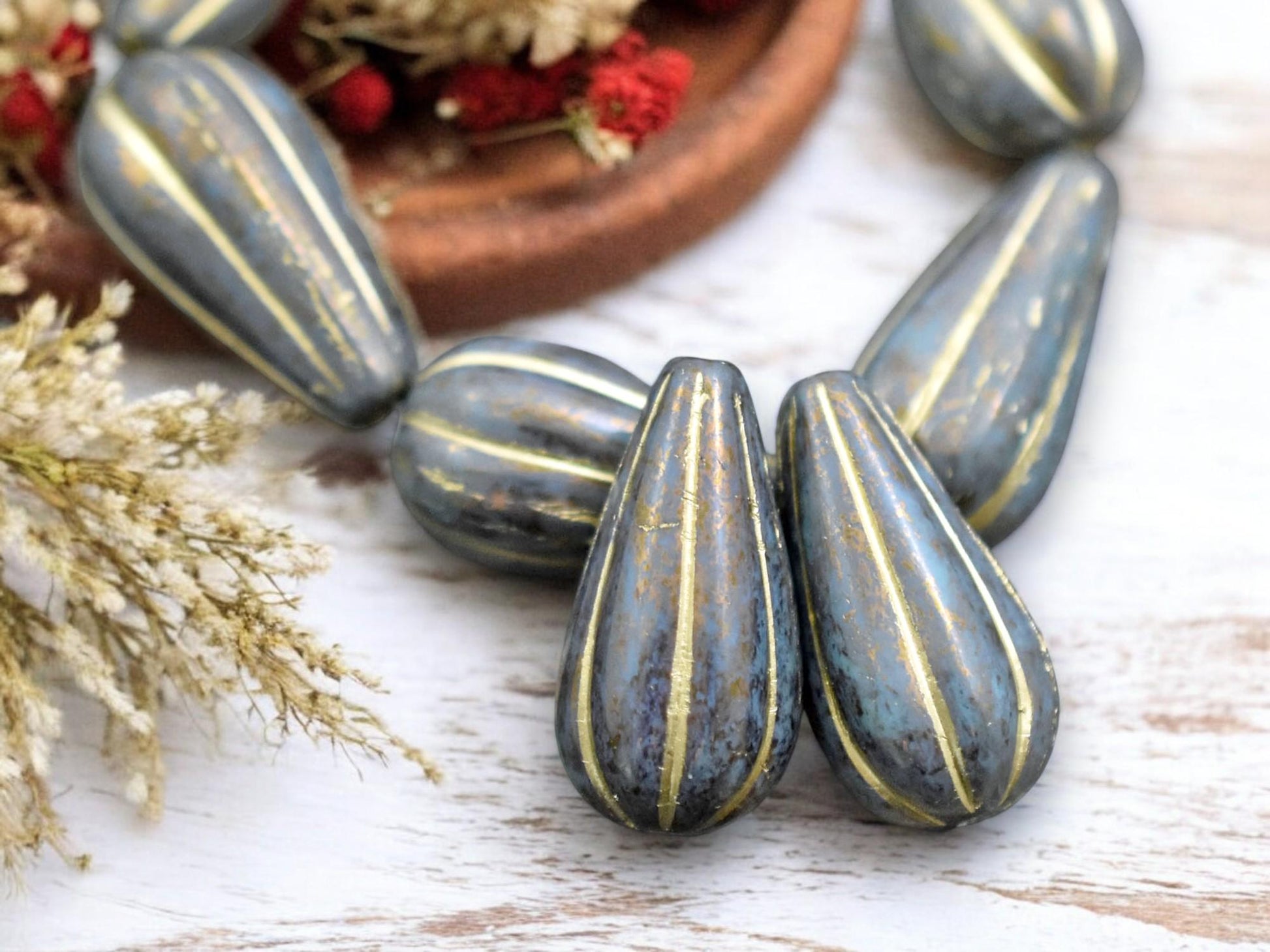 *2* 22x11mm Gold Washed Sea Green Picasso Melon Drop Beads