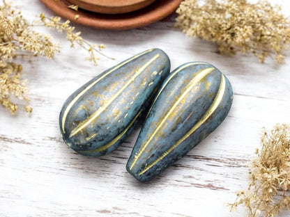 *2* 22x11mm Gold Washed Sea Green Picasso Melon Drop Beads