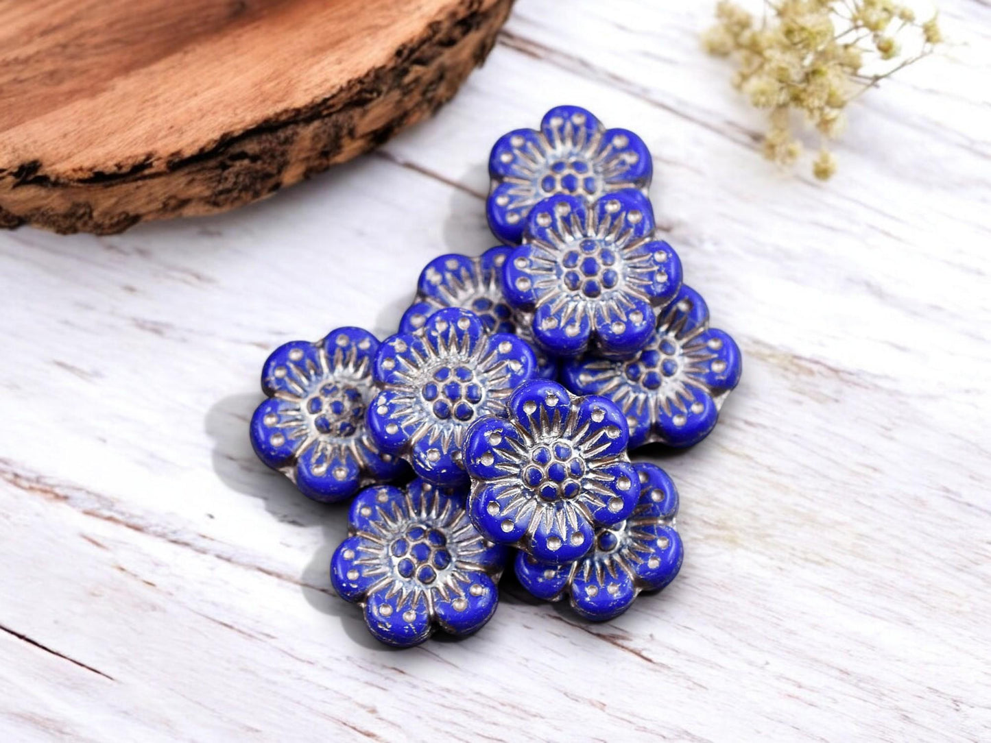 *12* 14mm Platinum Washed Royal Blue Wildflower Beads