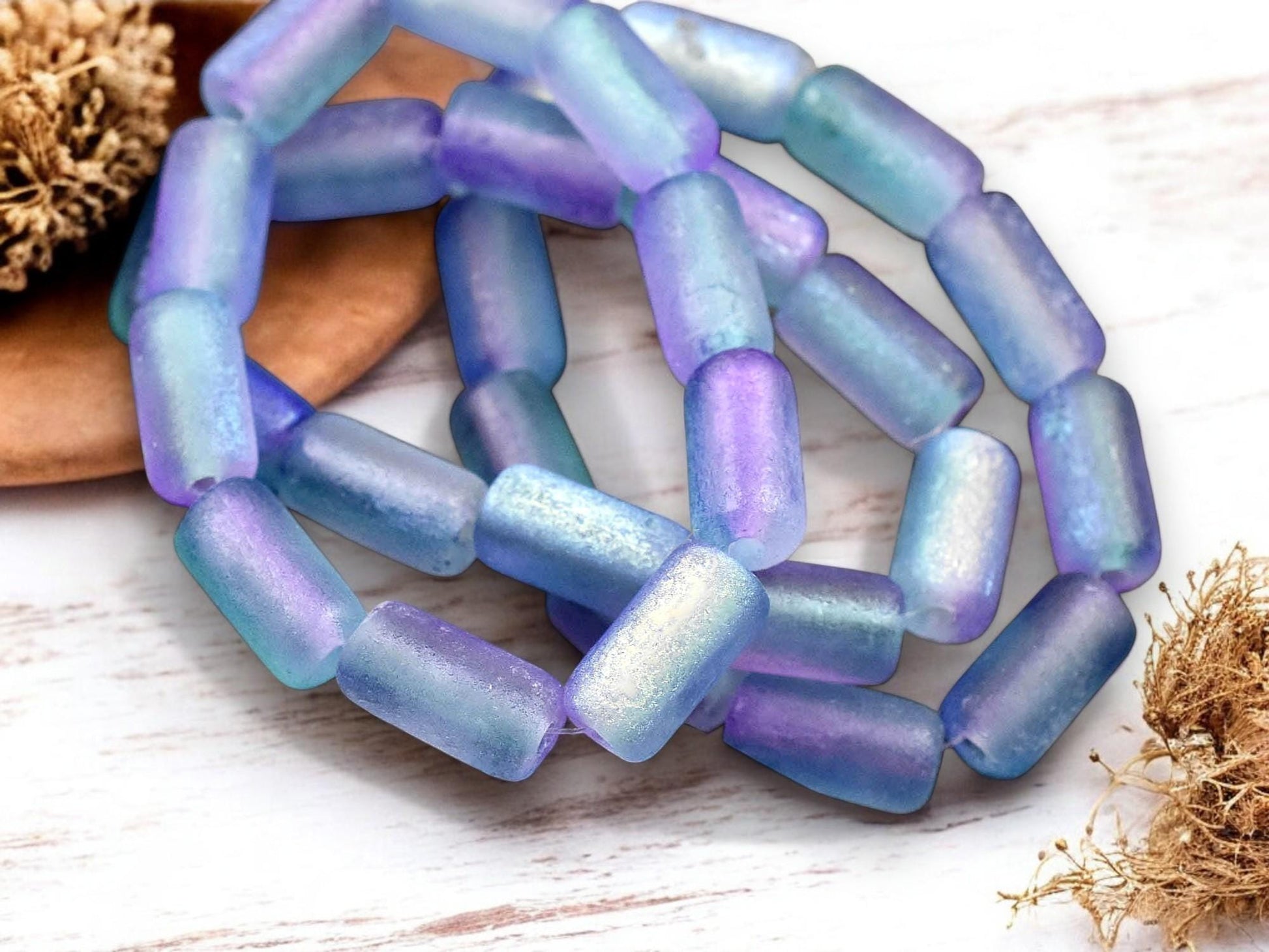 *10* 14x7mm Metallic Purple Washed Etched Baby Blue AB Large Hole Tube Beads