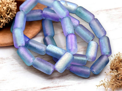 *10* 14x7mm Metallic Purple Washed Etched Baby Blue AB Large Hole Tube Beads