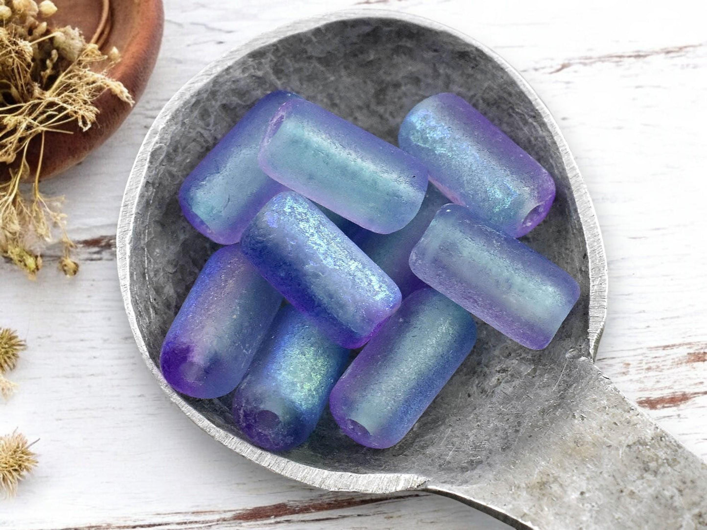 *10* 14x7mm Metallic Purple Washed Etched Baby Blue AB Large Hole Tube Beads