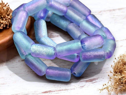 *10* 14x7mm Metallic Purple Washed Etched Baby Blue AB Large Hole Tube Beads