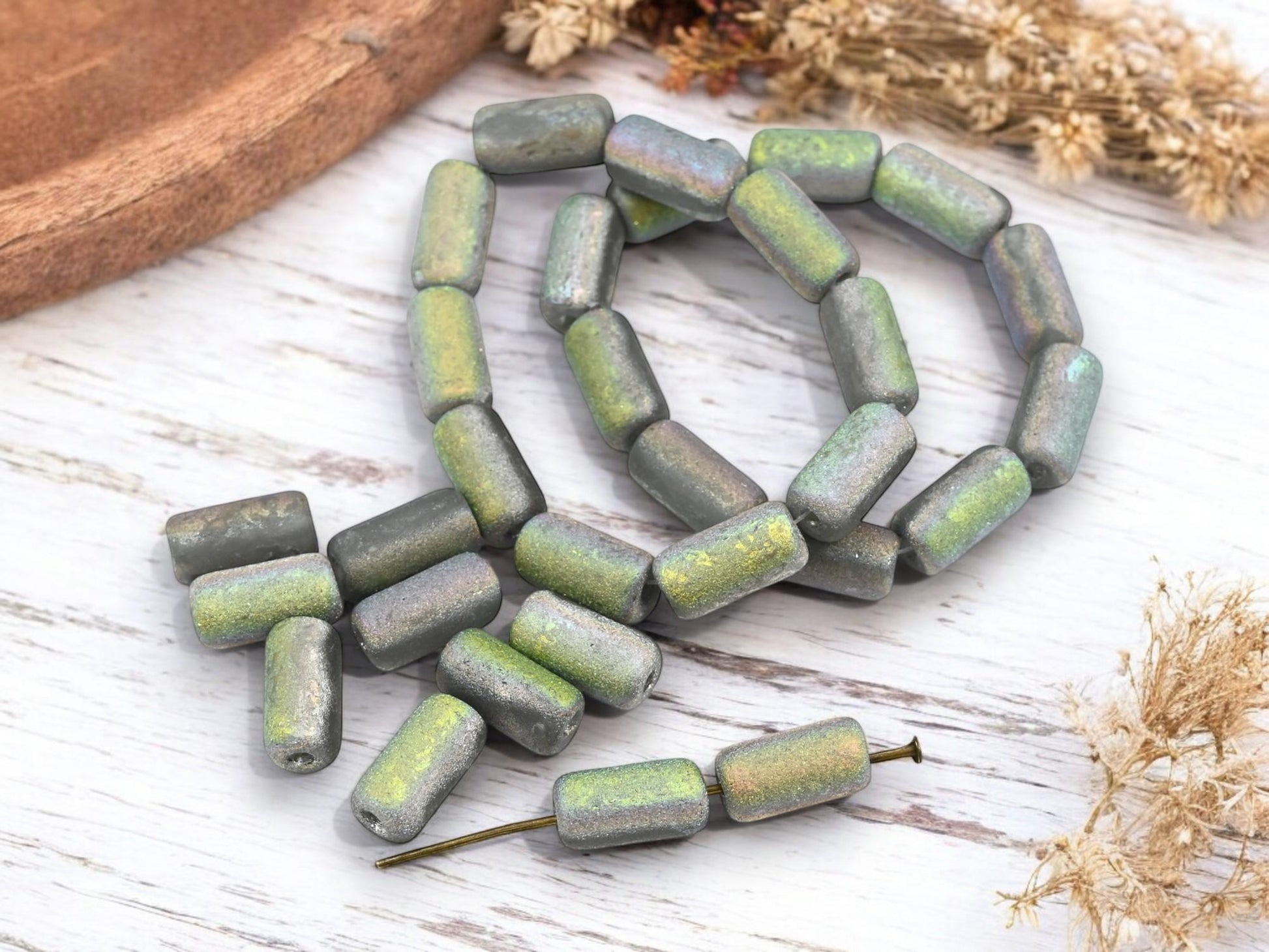 *10* 14x7mm Etched Gray Crystal AB Large Hole Tube Beads