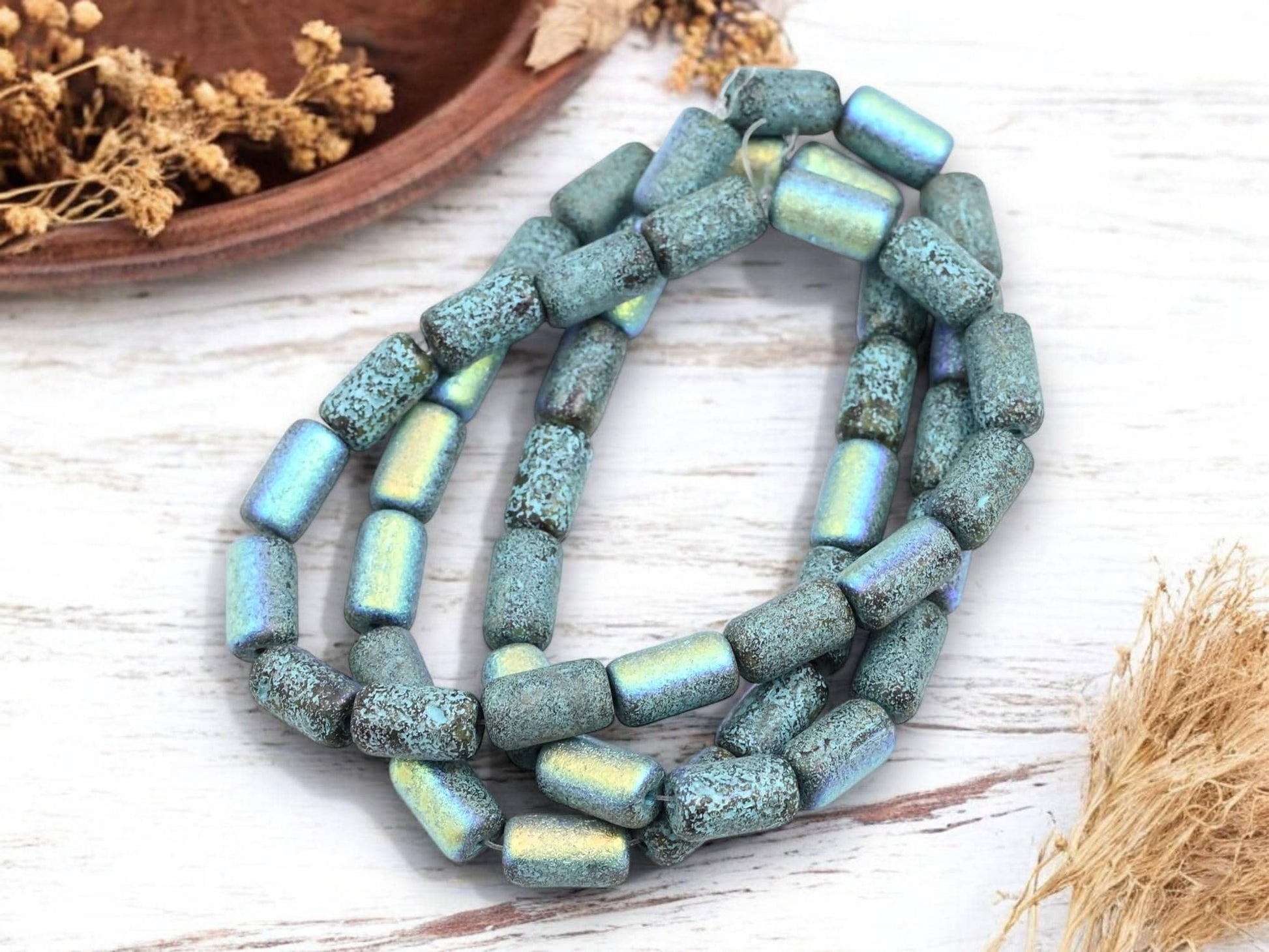 Tube Beads - Czech Glass Beads - Etched Beads - Picasso Beads - 9x5mm - 16pcs - (699)