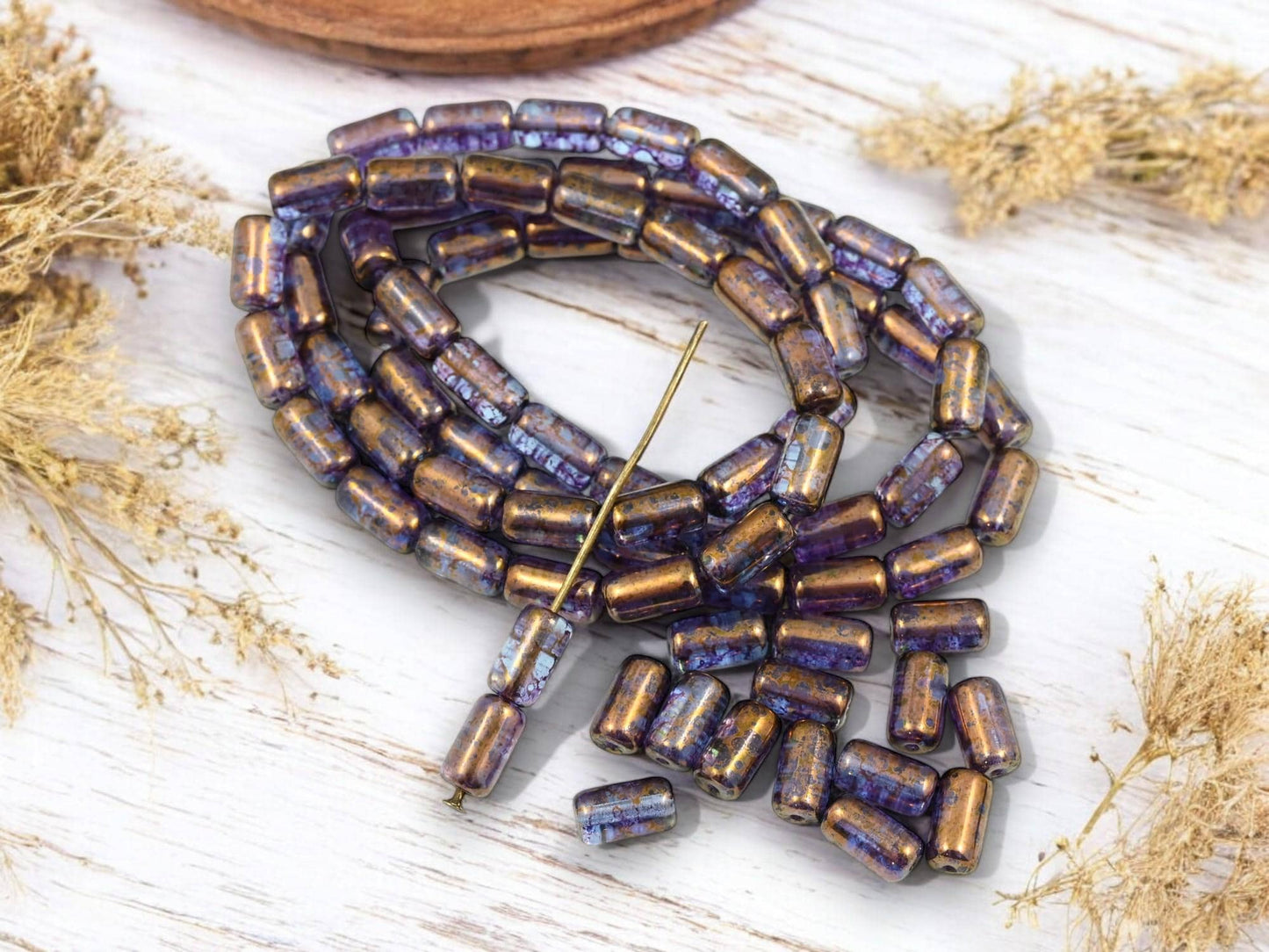 Tube Beads - Czech Glass Beads - Etched Beads - Picasso Beads - 9x5mm - 16pcs - (2837)