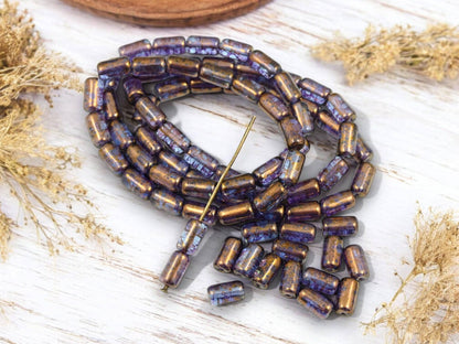 Tube Beads - Czech Glass Beads - Etched Beads - Picasso Beads - 9x5mm - 16pcs - (2837)