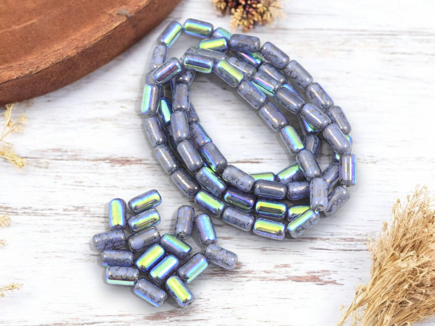 Tube Beads - Czech Glass Beads - Etched Beads - Picasso Beads - 9x5mm - 16pcs - (738)