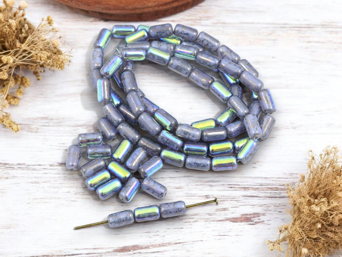 Tube Beads - Czech Glass Beads - Etched Beads - Picasso Beads - 9x5mm - 16pcs - (738)