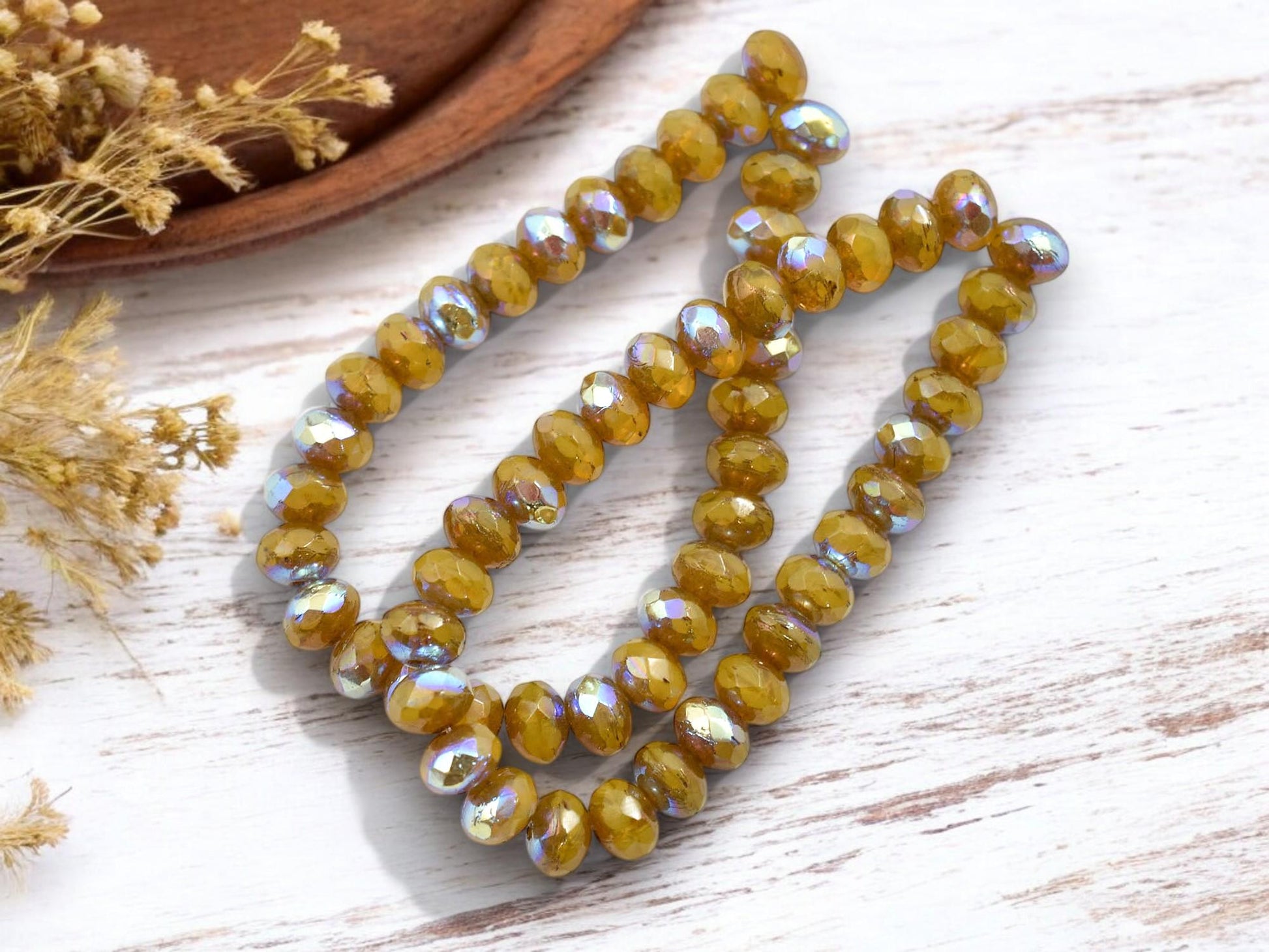 *30* 3x5mm Bronze Washed Dandelion Opaline AB Fire Polished Rondelle Beads