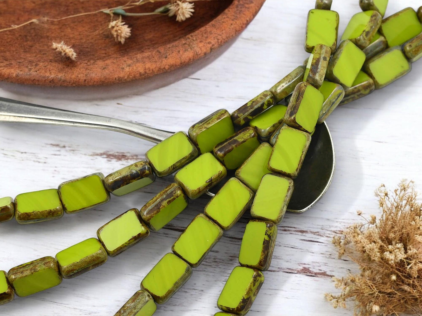 *16* 12x8mm Charteuse Picasso Table Cut Rectangle Beads