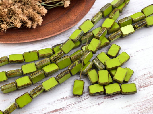 *16* 12x8mm Charteuse Picasso Table Cut Rectangle Beads