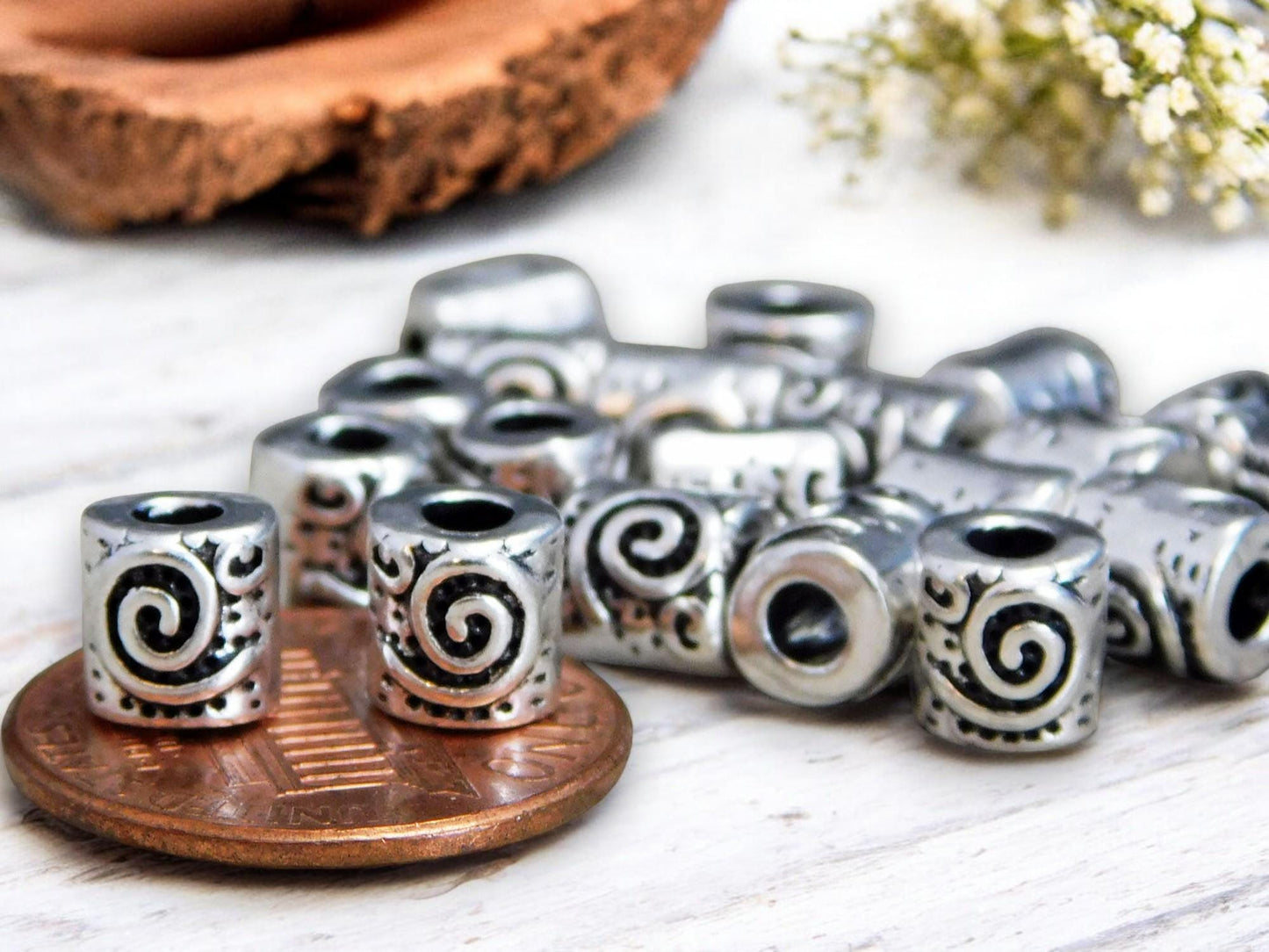 *50* 7x6mm Antique Silver Spiral Design Barrel Beads