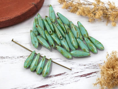 Czech Glass Beads - Dagger Beads - 5x16mm Dagger - Picasso Beads - 50pcs - (4008)