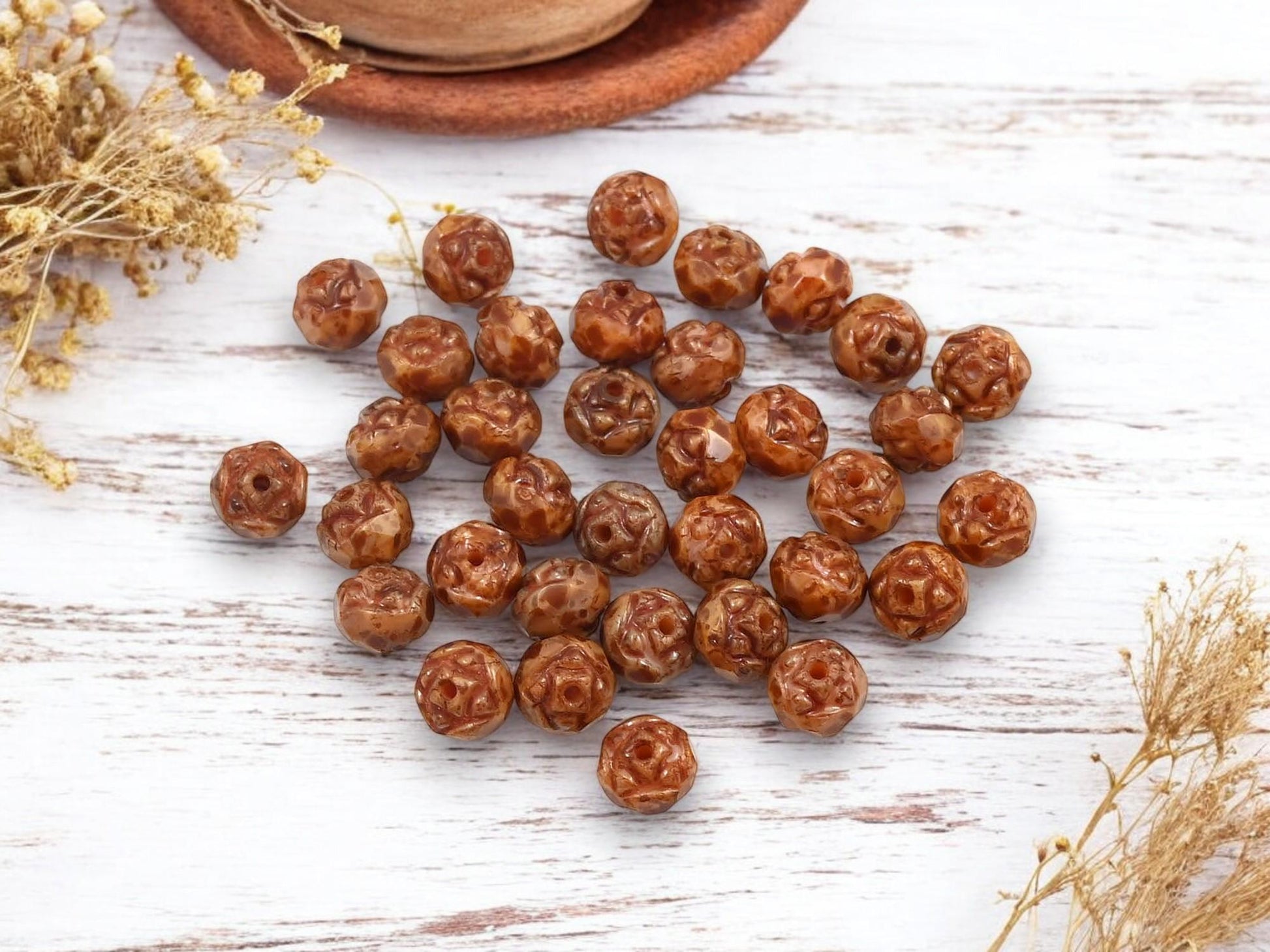 Czech Glass Beads - Picasso Beads - Flower Beads - Fire Polished Beads - Rosebud Beads - 6mm Beads - 50pcs - (539)