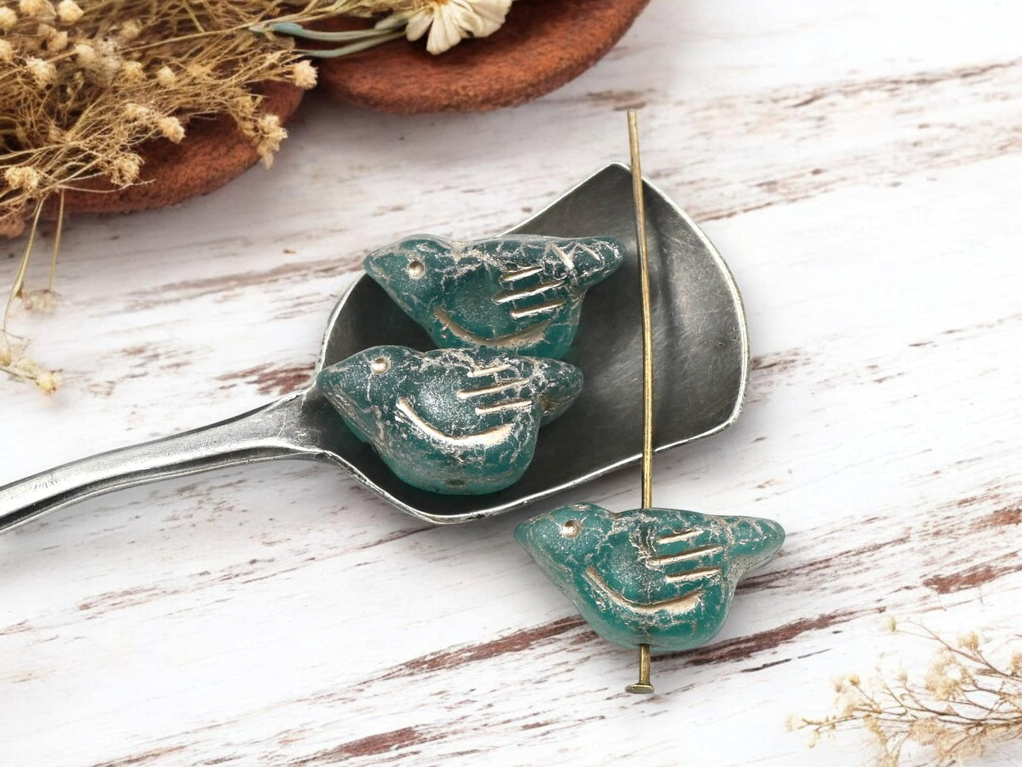 *6* 11x22mm Metallic Beige Washed Teal Bird Beads