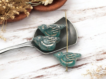 *6* 11x22mm Metallic Beige Washed Teal Bird Beads