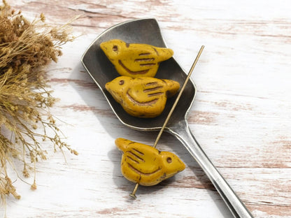 *6* 11x22mm Bronze Washed Golden Yellow Bird Beads
