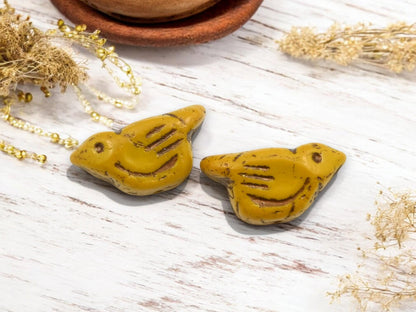 *6* 11x22mm Bronze Washed Golden Yellow Bird Beads