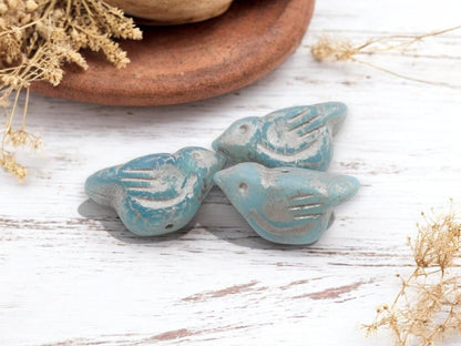 *6* 11x22mm Gold Washed Matte Blue Opaline Bird Beads