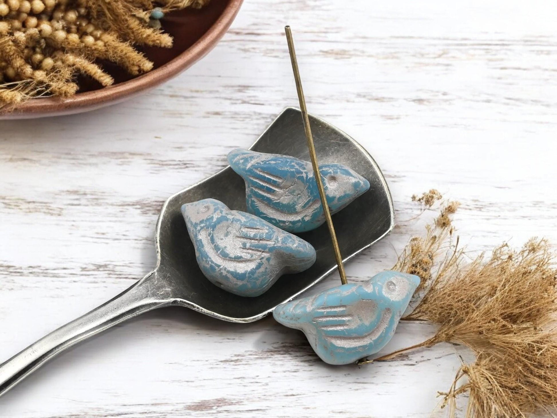 *6* 11x22mm Gold Washed Matte Blue Opaline Bird Beads