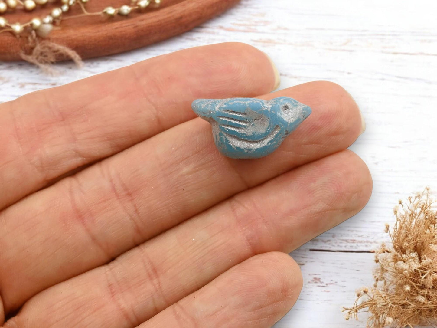 *6* 11x22mm Gold Washed Matte Blue Opaline Bird Beads