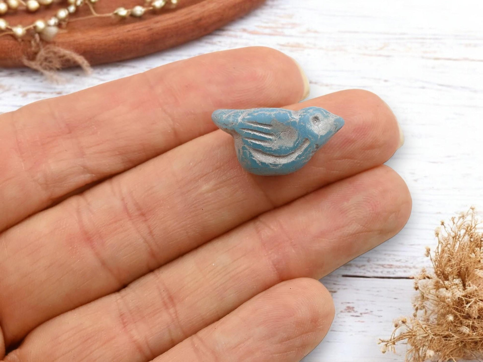 *6* 11x22mm Gold Washed Matte Blue Opaline Bird Beads