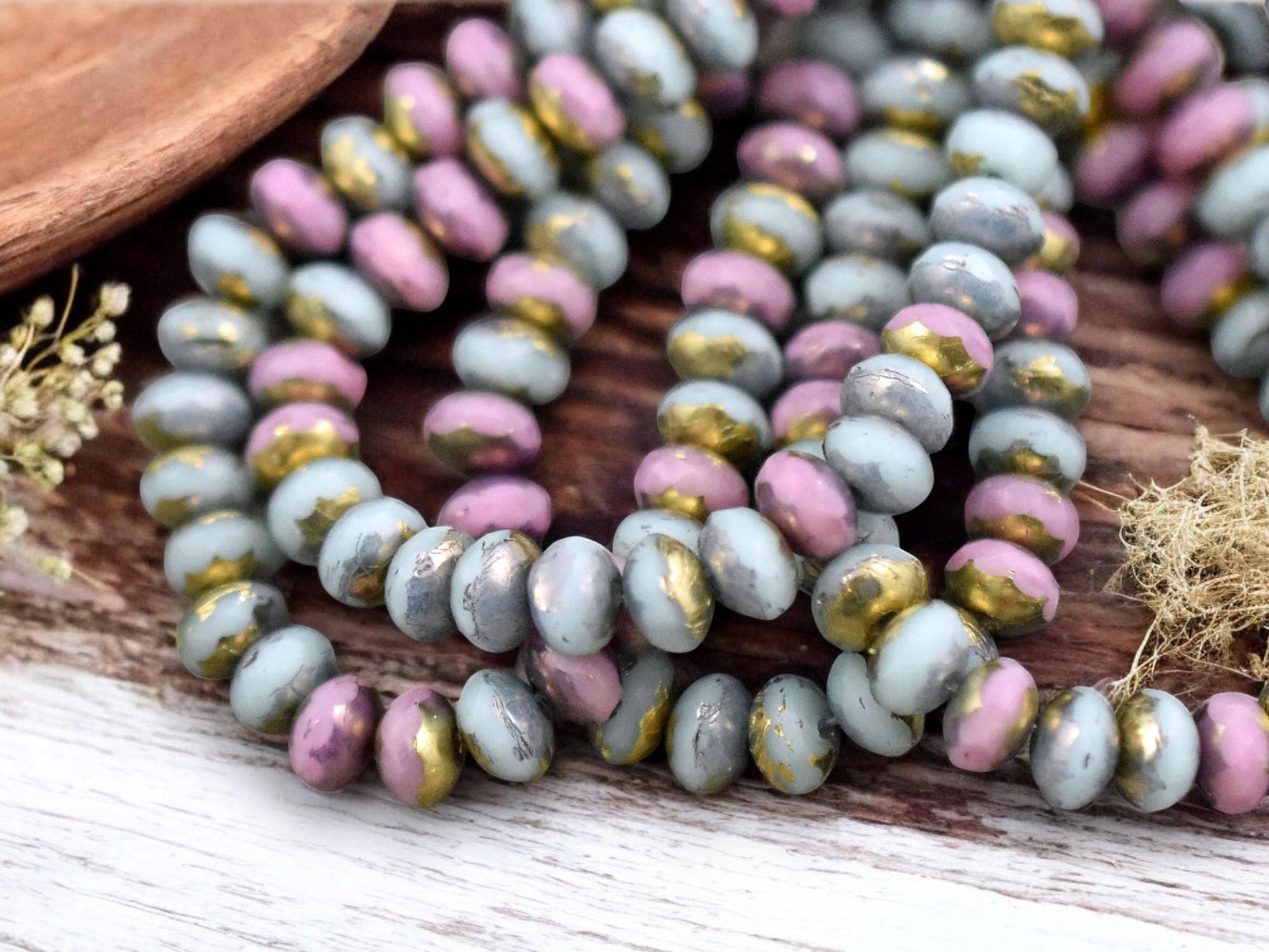 *30* 3x5mm Gold Washed Mixed Pink & Blue Fire Polished Rondelle Beads