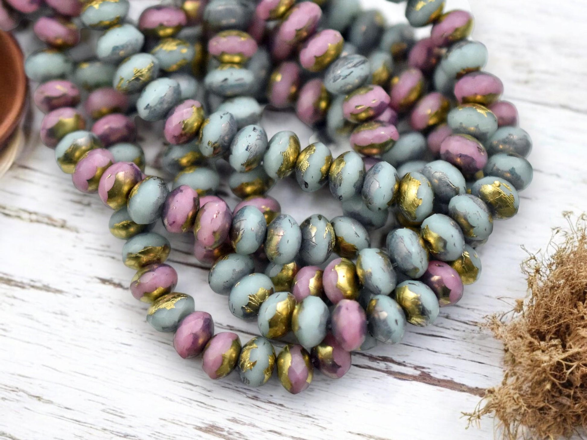 *30* 3x5mm Gold Washed Mixed Pink & Blue Fire Polished Rondelle Beads