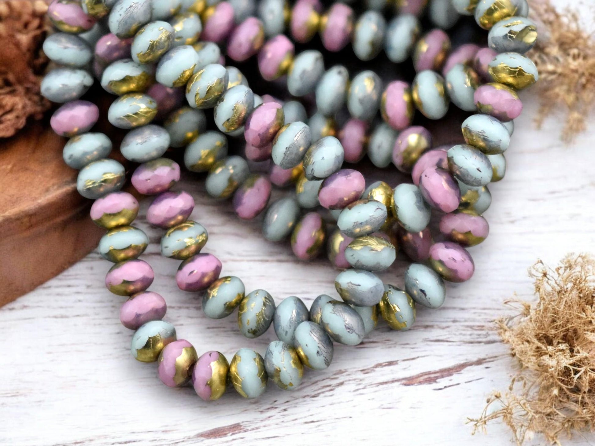 *30* 3x5mm Gold Washed Mixed Pink & Blue Fire Polished Rondelle Beads