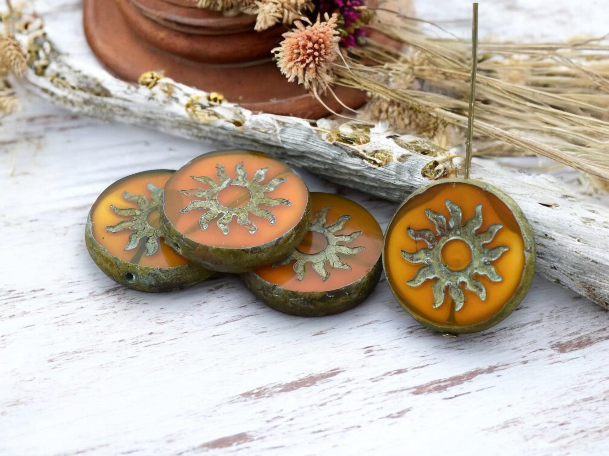 21mm Orange Amber Opaline Picasso Table Cut Sun Design Coin Beads - 2 Beads