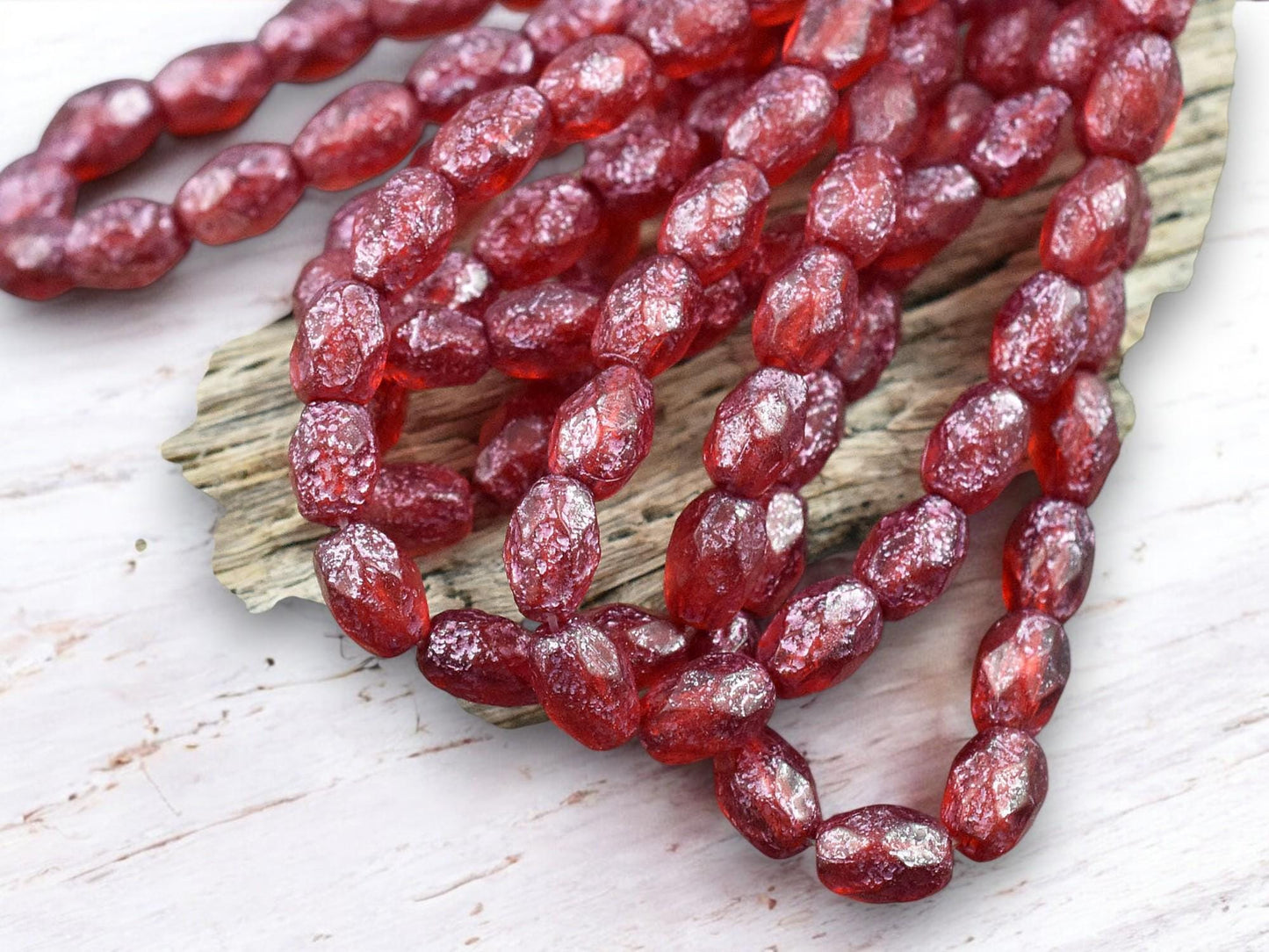*20* 5x7mm Metallic Pink Washed Etched Ruby Red Fire Polished Faceted Oval Beads