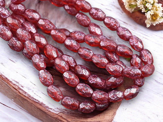 *20* 5x7mm Metallic Pink Washed Etched Ruby Red Fire Polished Faceted Oval Beads