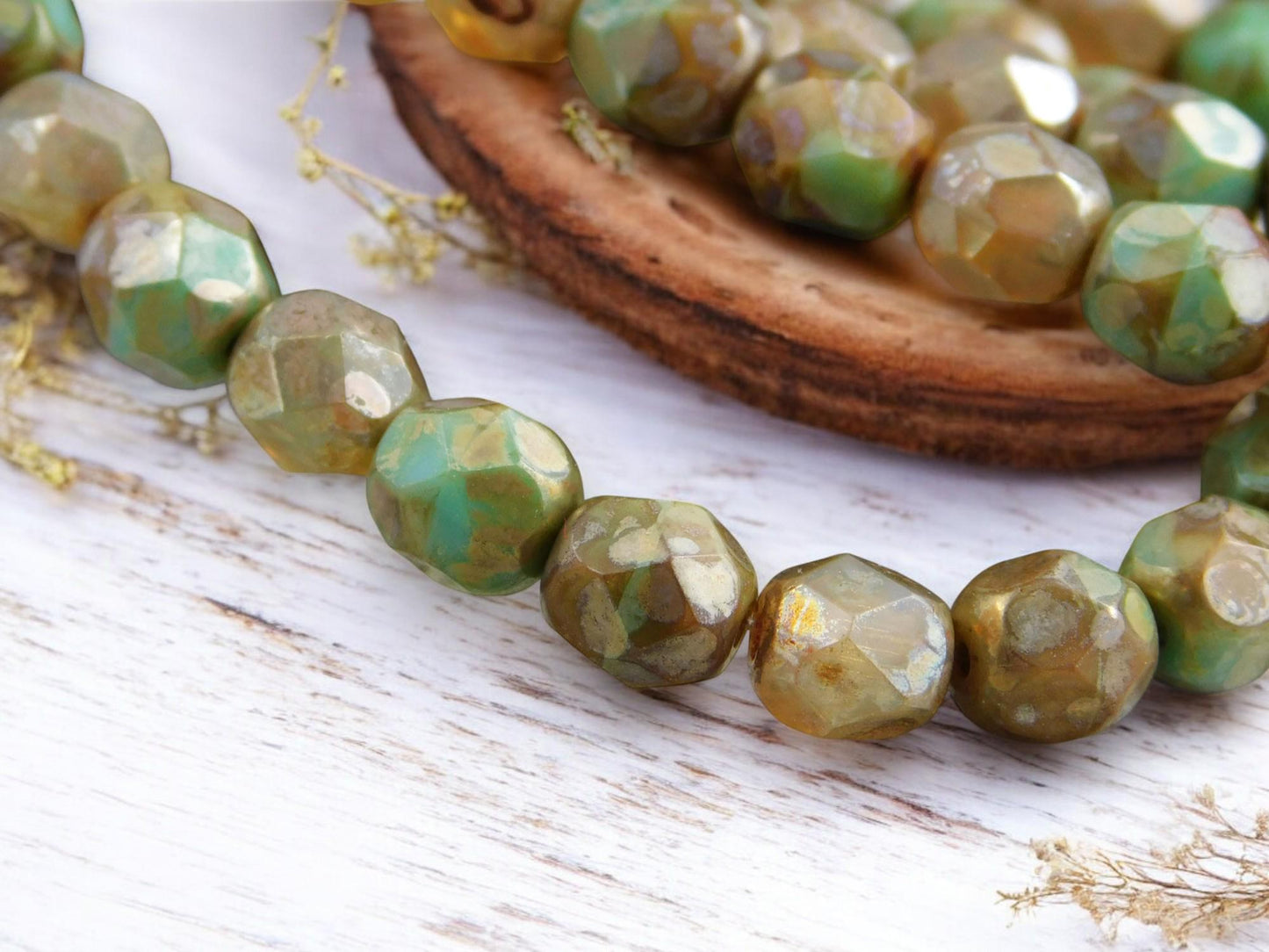 *25* 6mm Champagne Turquoise Picasso Fire Polished Round Beads