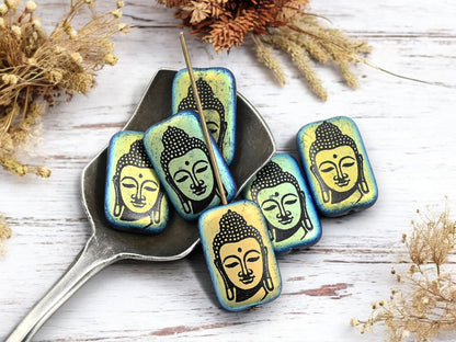 Czech Glass Beads - Buddha Beads - Mantra Beads - Laser Etched Beads - Laser Tattoo Beads - 19x12mm - 6pcs - (188)