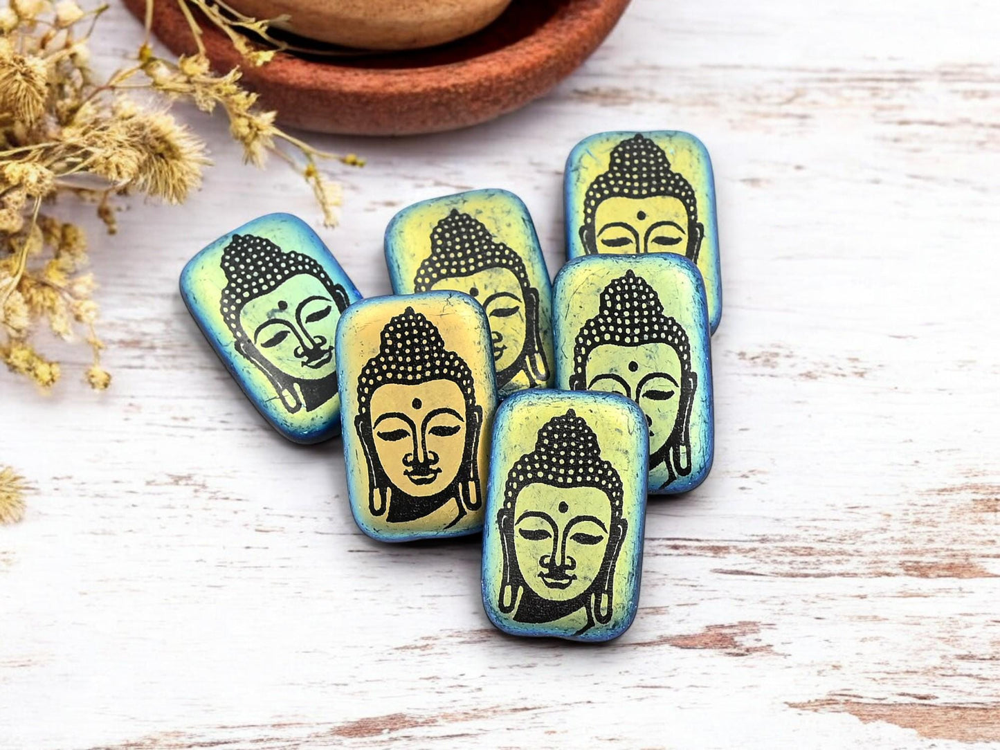 Czech Glass Beads - Buddha Beads - Mantra Beads - Laser Etched Beads - Laser Tattoo Beads - 19x12mm - 6pcs - (188)