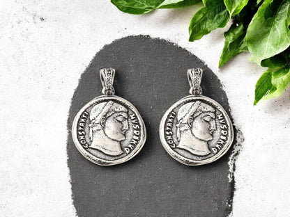 *2* 20x18mm Antique Silver Plated Brass Roman Coin Charm Pendants