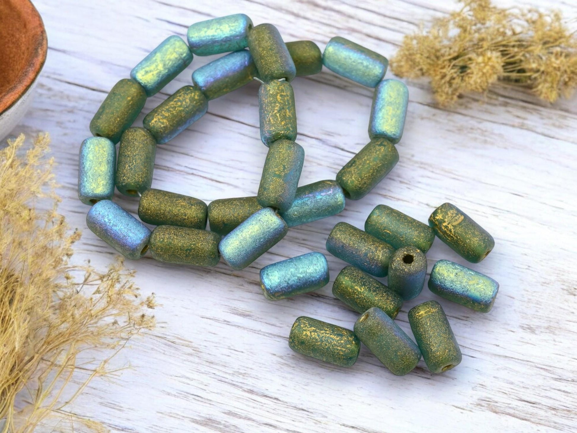 Czech Glass Beads - Picasso Beads - Tube Beads - Cylinder Beads - Large Hole Beads - 14x7mm - 10pcs (4242)