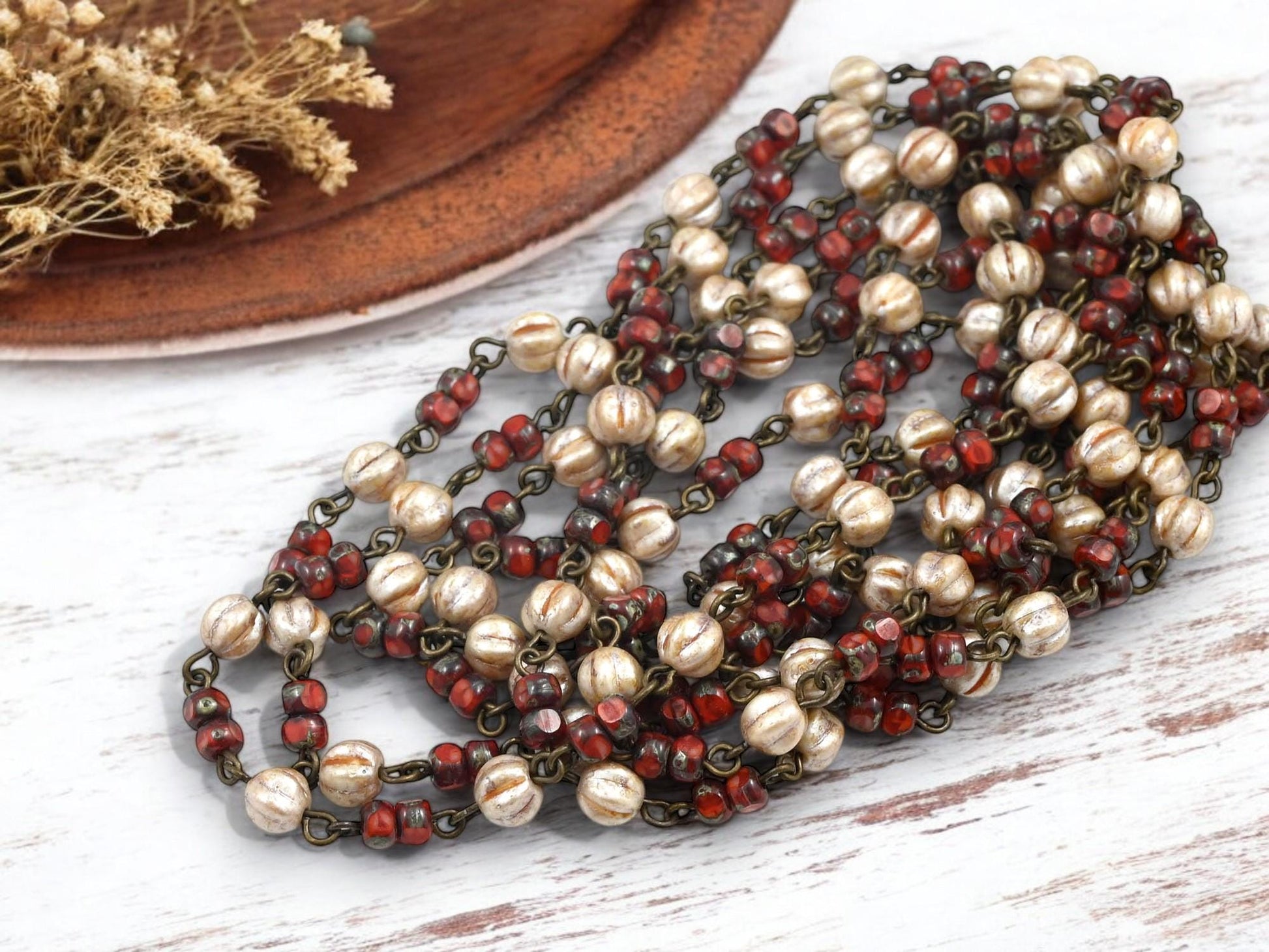 Czech Glass Beads - Rosary Chain - Beaded Chain - Picasso Beads - Czech Glass Chain - Sold by the foot - (CH6)