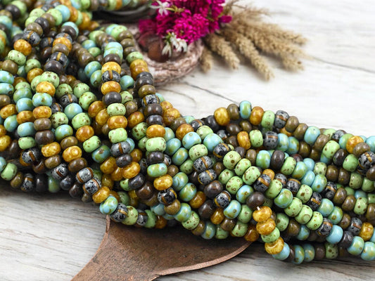 5/0 Aged Jade Striped Picasso Mix Seed Beads (20" Strand)
