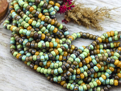 5/0 Aged Jade Striped Picasso Mix Seed Beads (20" Strand)