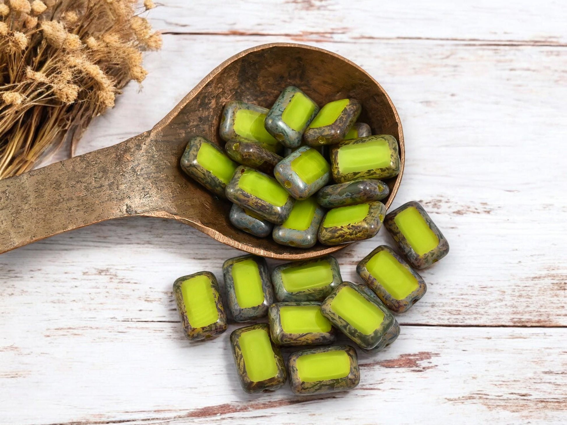 *12* 8x12mm Chartreuse Picasso Table Cut Rectangle Beads